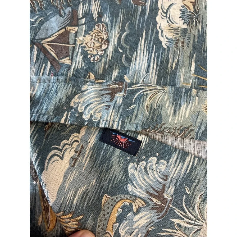 Faherty Men's XXL Breeze Camp Shirt Bears Blue Sht Sleeve Button Up Linen Blend